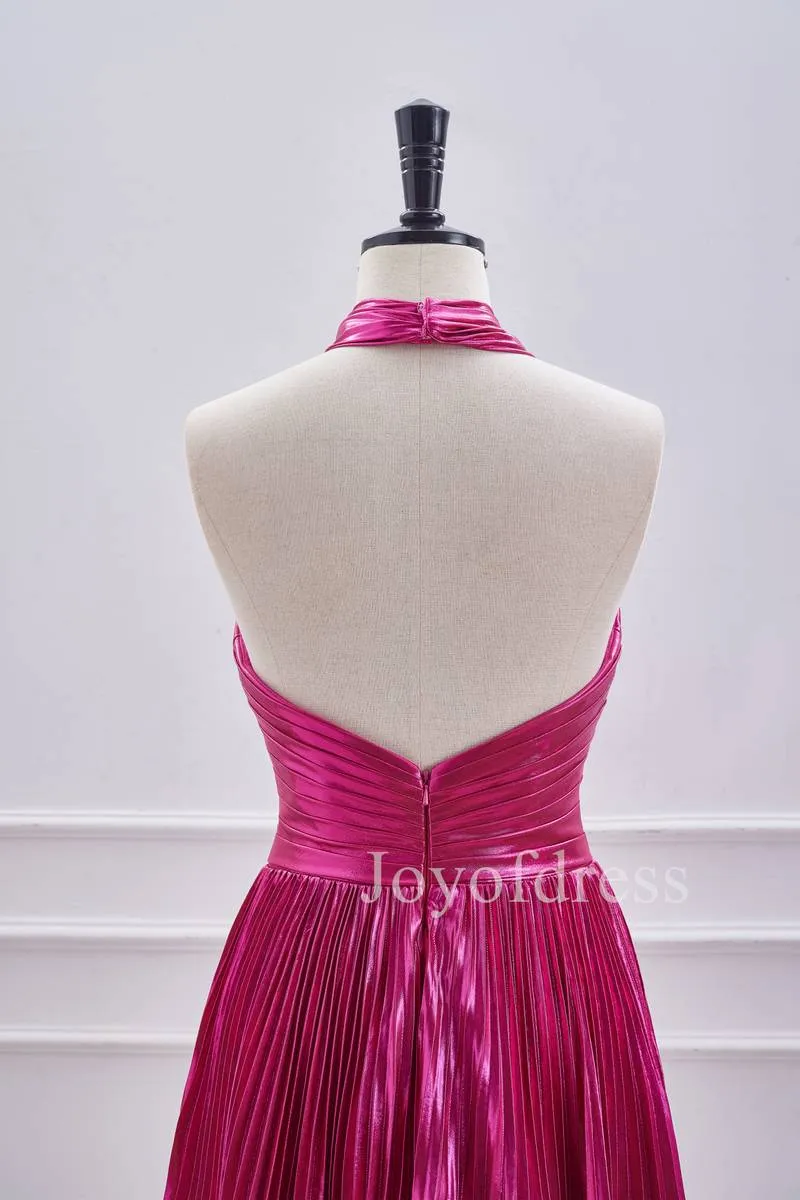 A-Line Halter Fuchsia Keyhole Pleated Short Dress