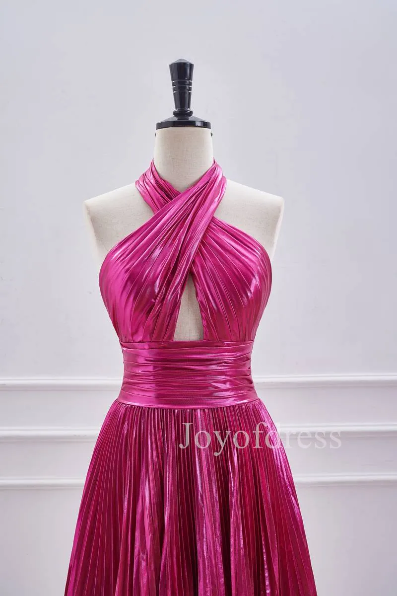 A-Line Halter Fuchsia Keyhole Pleated Short Dress