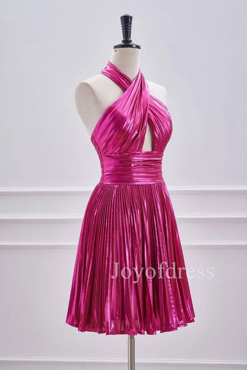 A-Line Halter Fuchsia Keyhole Pleated Short Dress