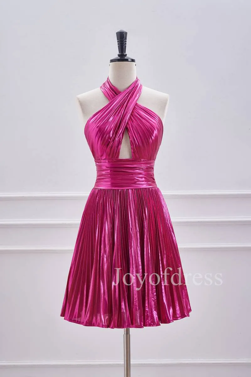 A-Line Halter Fuchsia Keyhole Pleated Short Dress