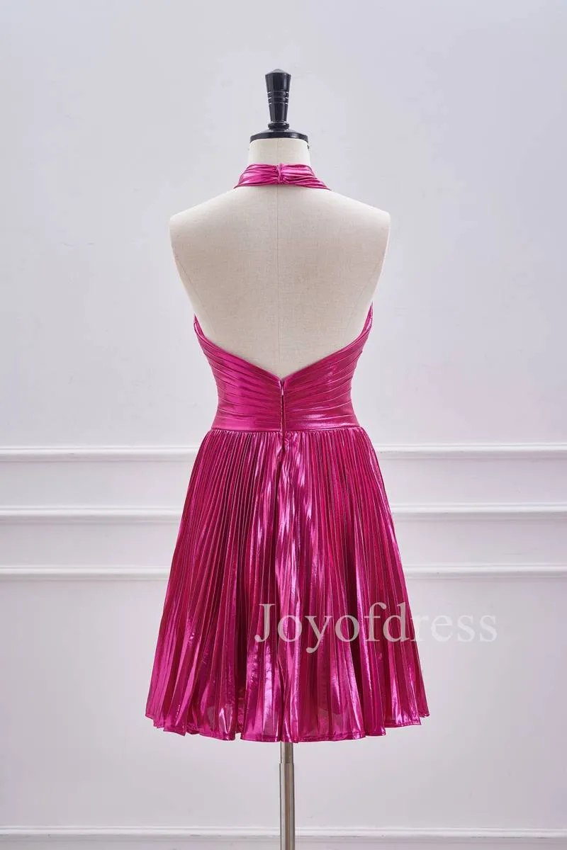 A-Line Halter Fuchsia Keyhole Pleated Short Dress