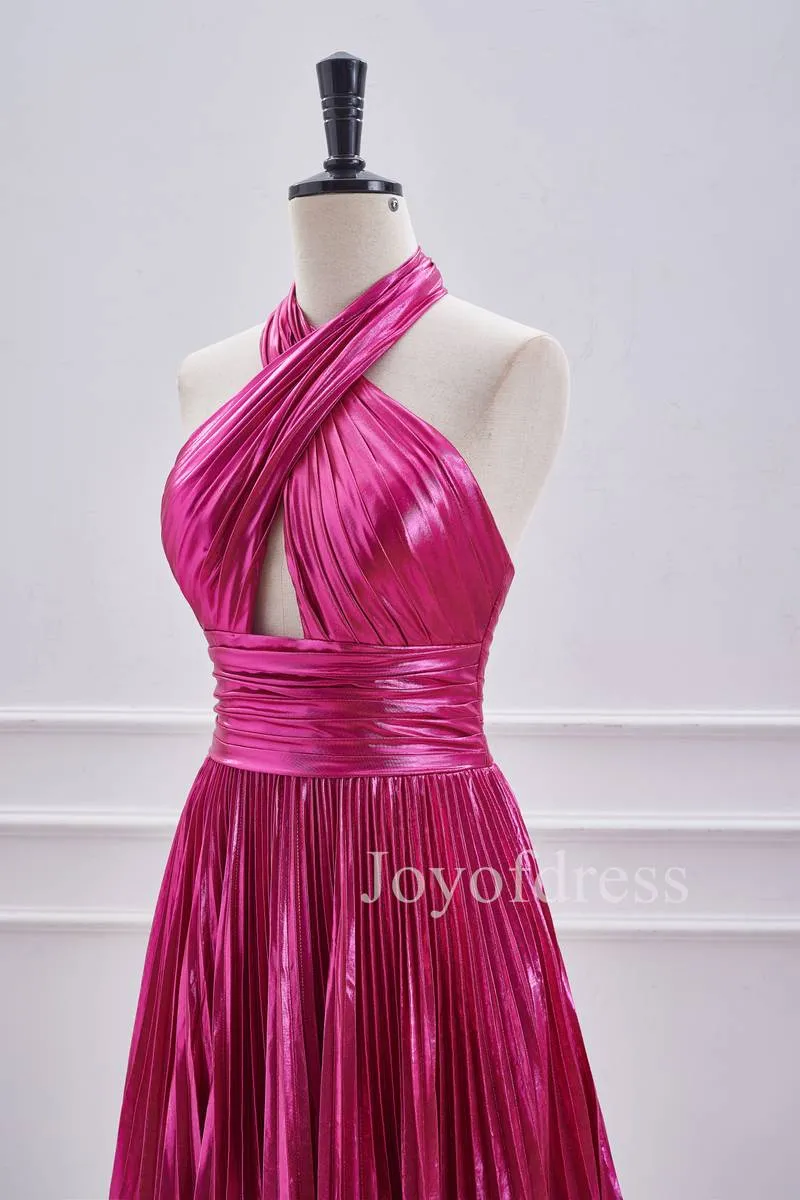 A-Line Halter Fuchsia Keyhole Pleated Short Dress