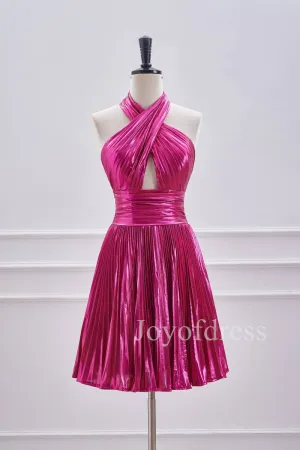 A-Line Halter Fuchsia Keyhole Pleated Short Dress