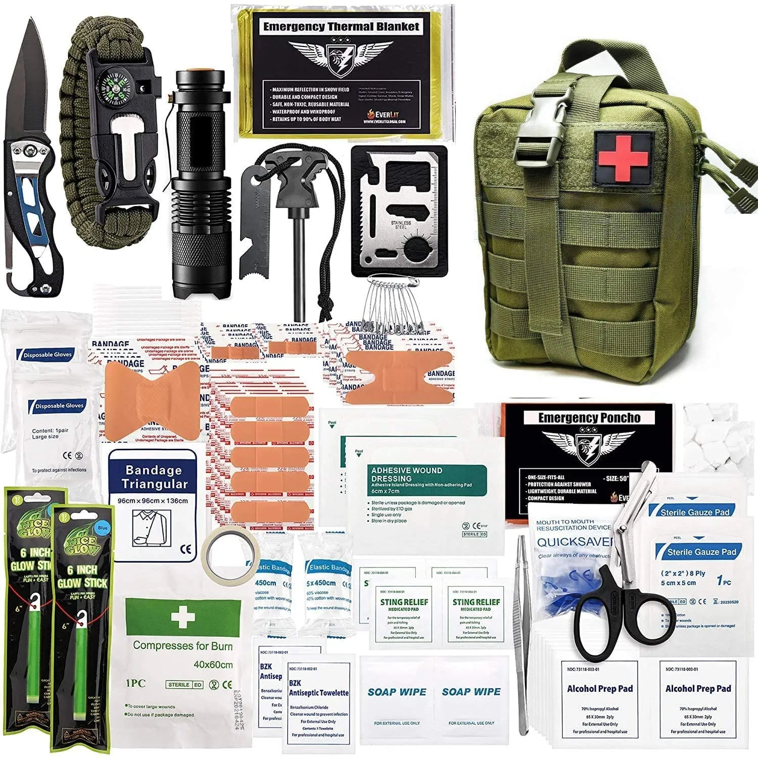 ASA Techmed 250 Pieces Survival First Aid Kit IFAK Molle System Compatible Outdoor Gear Emergency Kits Trauma Bag for Camping Boat Hunting Hiking Home Car Earthquake and Adventures (Military Green)