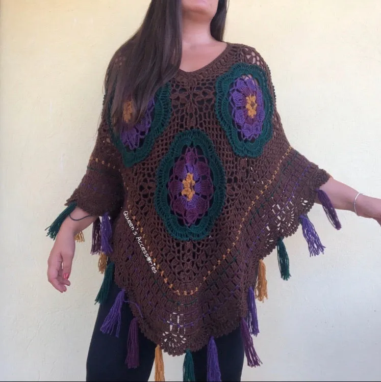 Bohemian Crocheted Poncho with Flowers