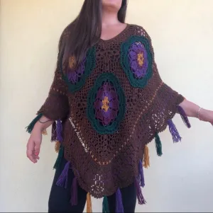 Bohemian Crocheted Poncho with Flowers