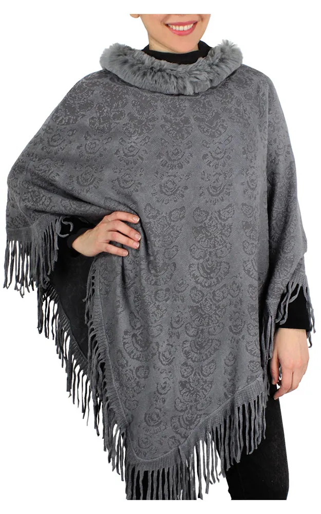 EAP9470 Fur Neckline Knit Poncho w/Tassels