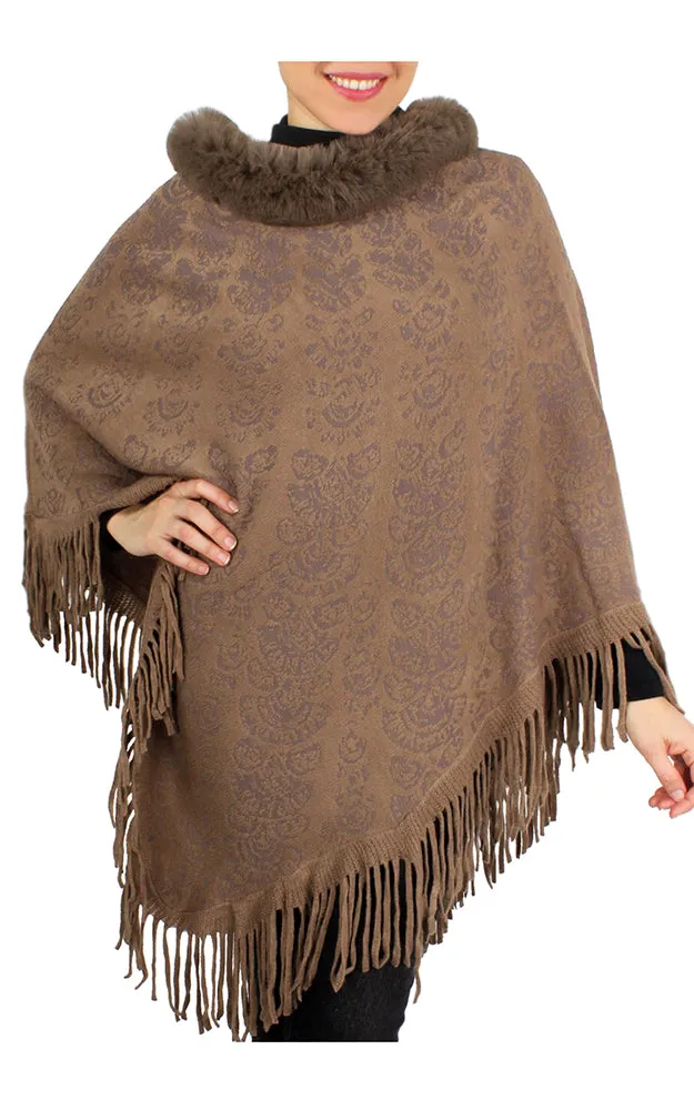 EAP9470 Fur Neckline Knit Poncho w/Tassels