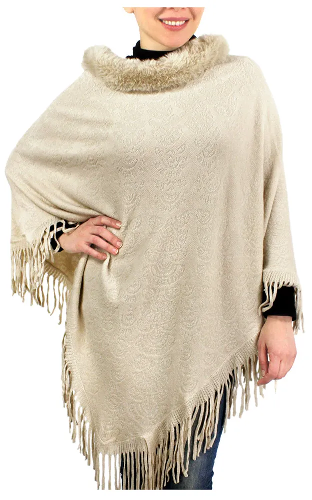 EAP9470 Fur Neckline Knit Poncho w/Tassels