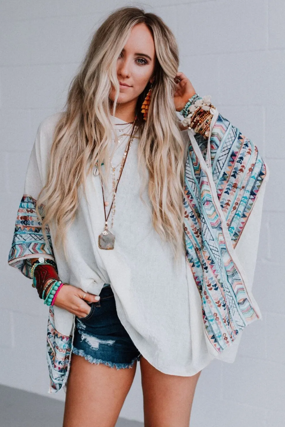 Fallon Embroidered Sleeve Poncho - Ivory