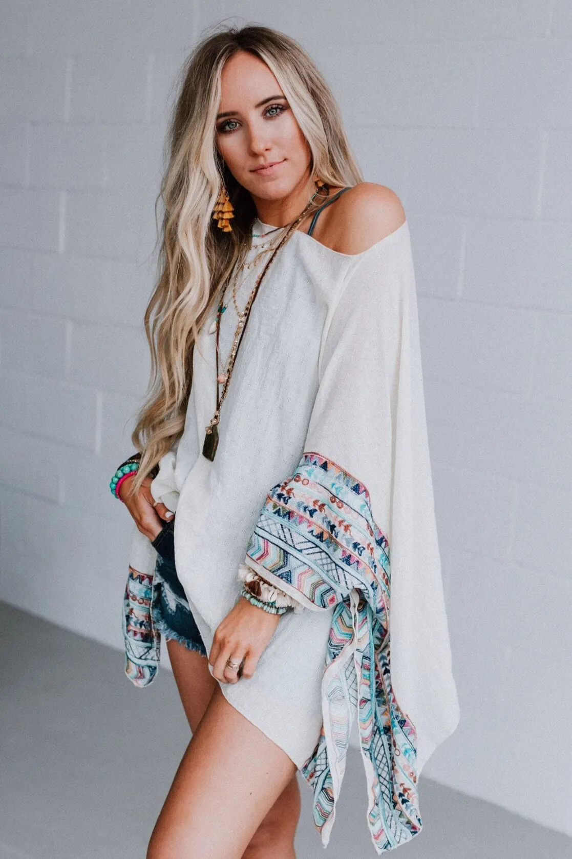Fallon Embroidered Sleeve Poncho - Ivory
