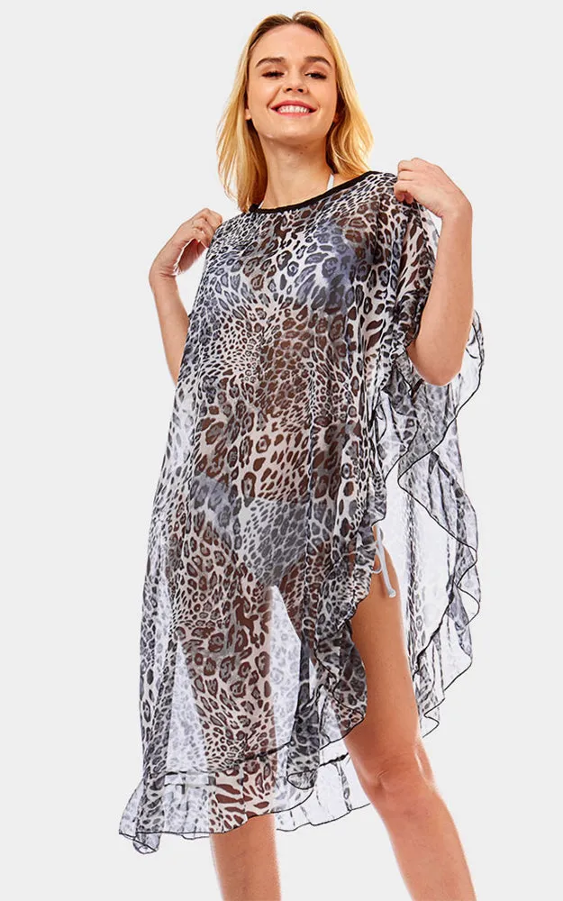 LOF1035 Leopard Half Ruffled Cover-up Poncho