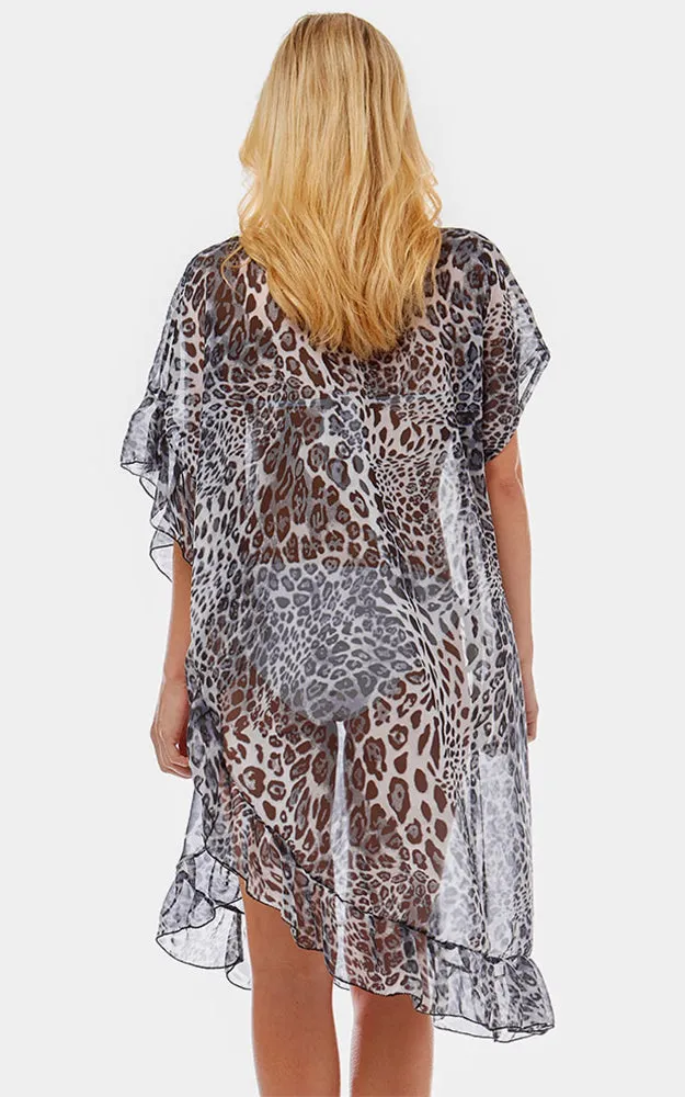 LOF1035 Leopard Half Ruffled Cover-up Poncho