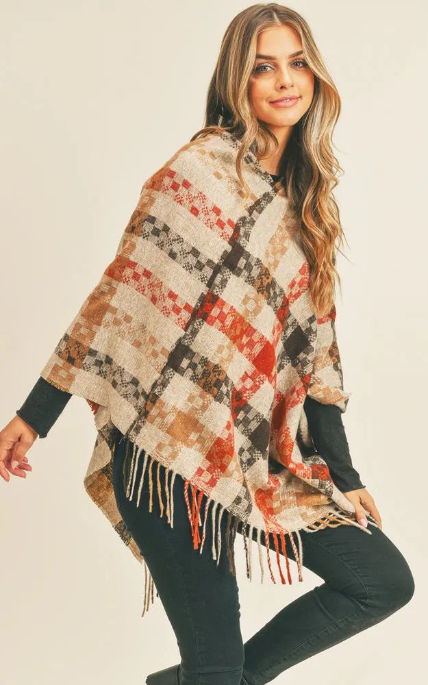 MS0257 Pixel Check Pattern Poncho w/Fringes
