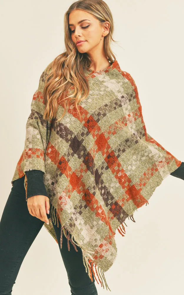 MS0257 Pixel Check Pattern Poncho w/Fringes