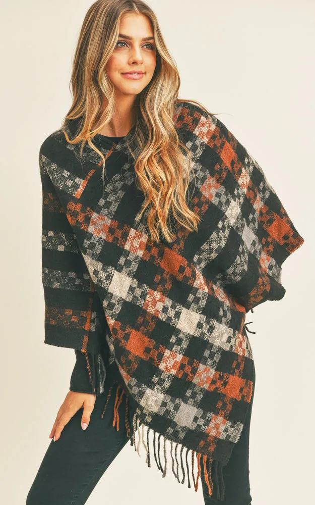 MS0257 Pixel Check Pattern Poncho w/Fringes