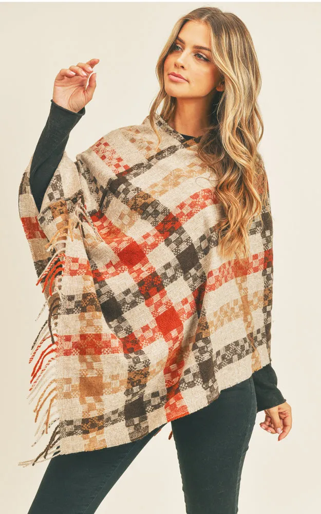 MS0257 Pixel Check Pattern Poncho w/Fringes