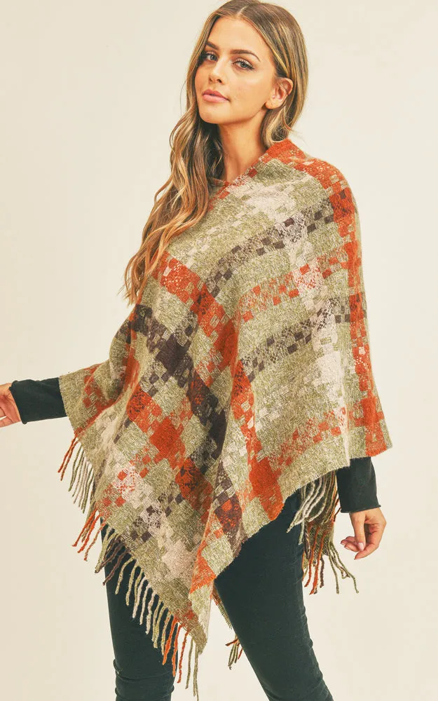 MS0257 Pixel Check Pattern Poncho w/Fringes