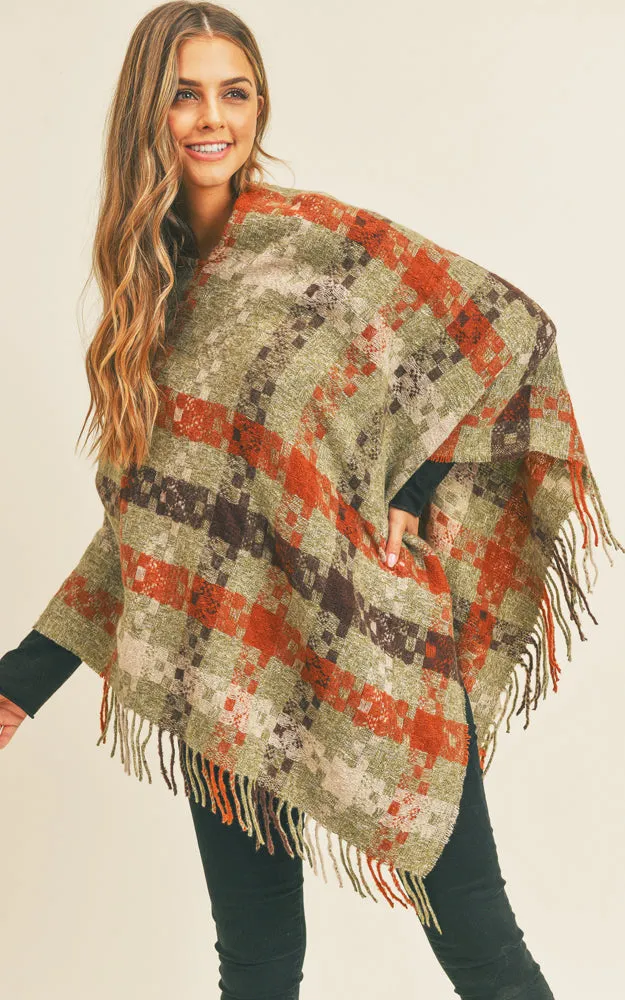 MS0257 Pixel Check Pattern Poncho w/Fringes