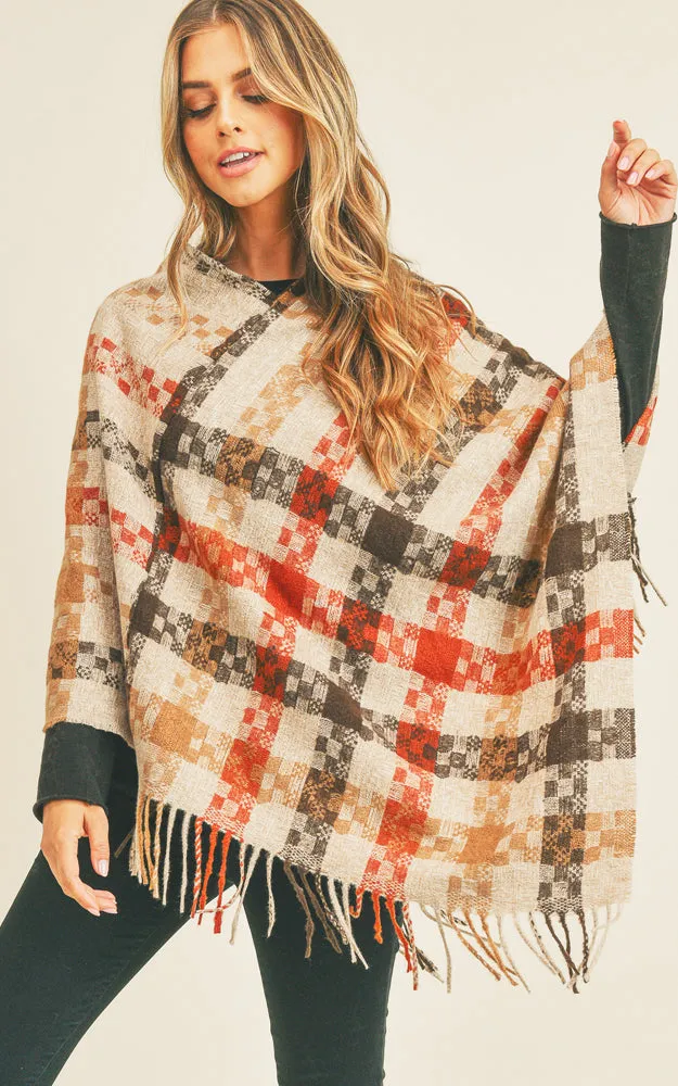 MS0257 Pixel Check Pattern Poncho w/Fringes