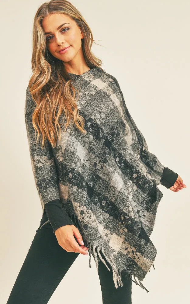 MS0257 Pixel Check Pattern Poncho w/Fringes