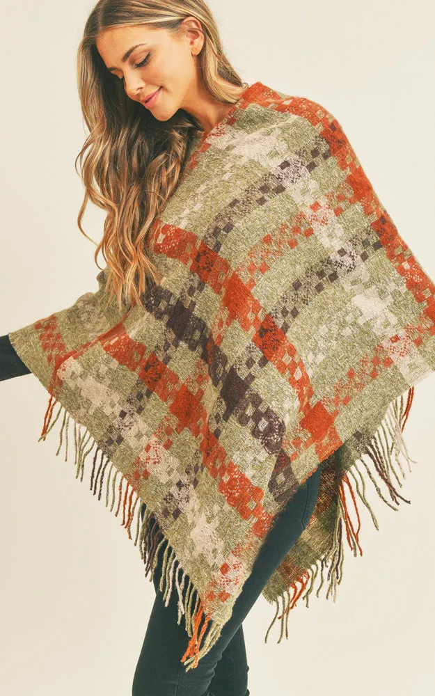 MS0257 Pixel Check Pattern Poncho w/Fringes