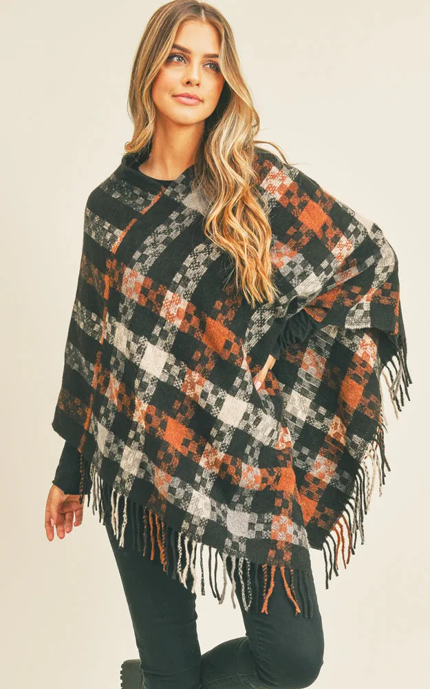 MS0257 Pixel Check Pattern Poncho w/Fringes