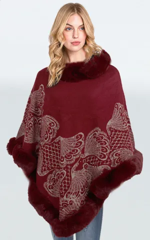 P1808 Butterfly w/Stones Comfy Fur Trim Poncho 6pcs Pack