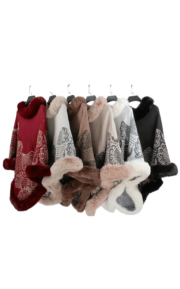 P1808 Butterfly w/Stones Comfy Fur Trim Poncho 6pcs Pack