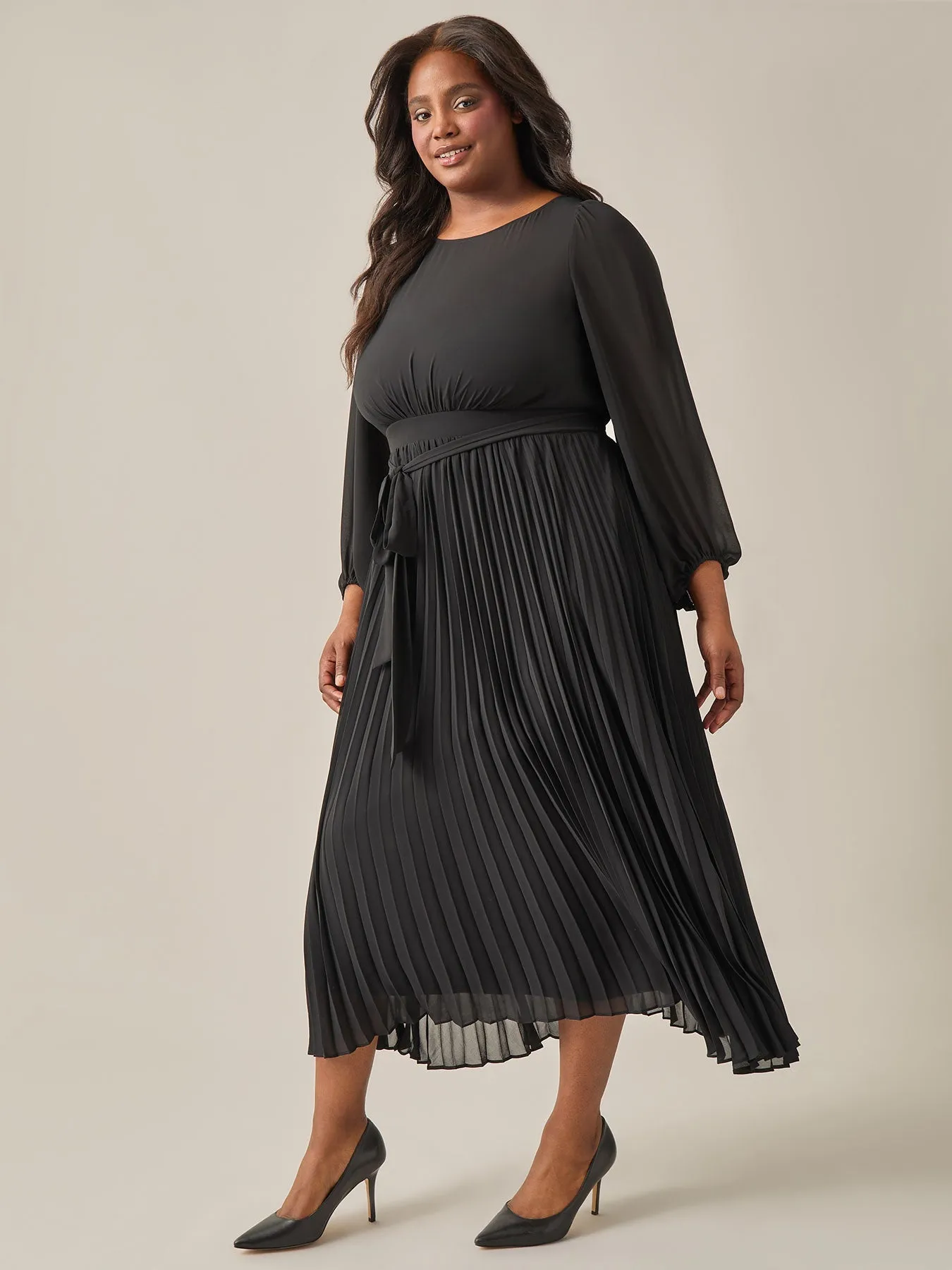 Plus Size A-Line Balloon Sleeve Midi Dress, Black