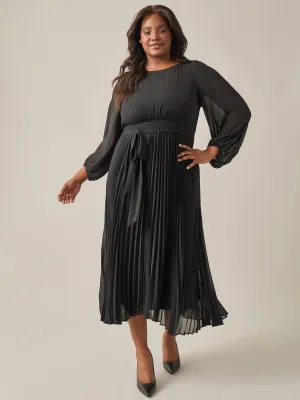 Plus Size A-Line Balloon Sleeve Midi Dress, Black