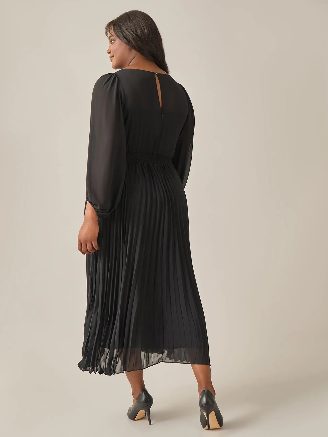 Plus Size A-Line Balloon Sleeve Midi Dress, Black