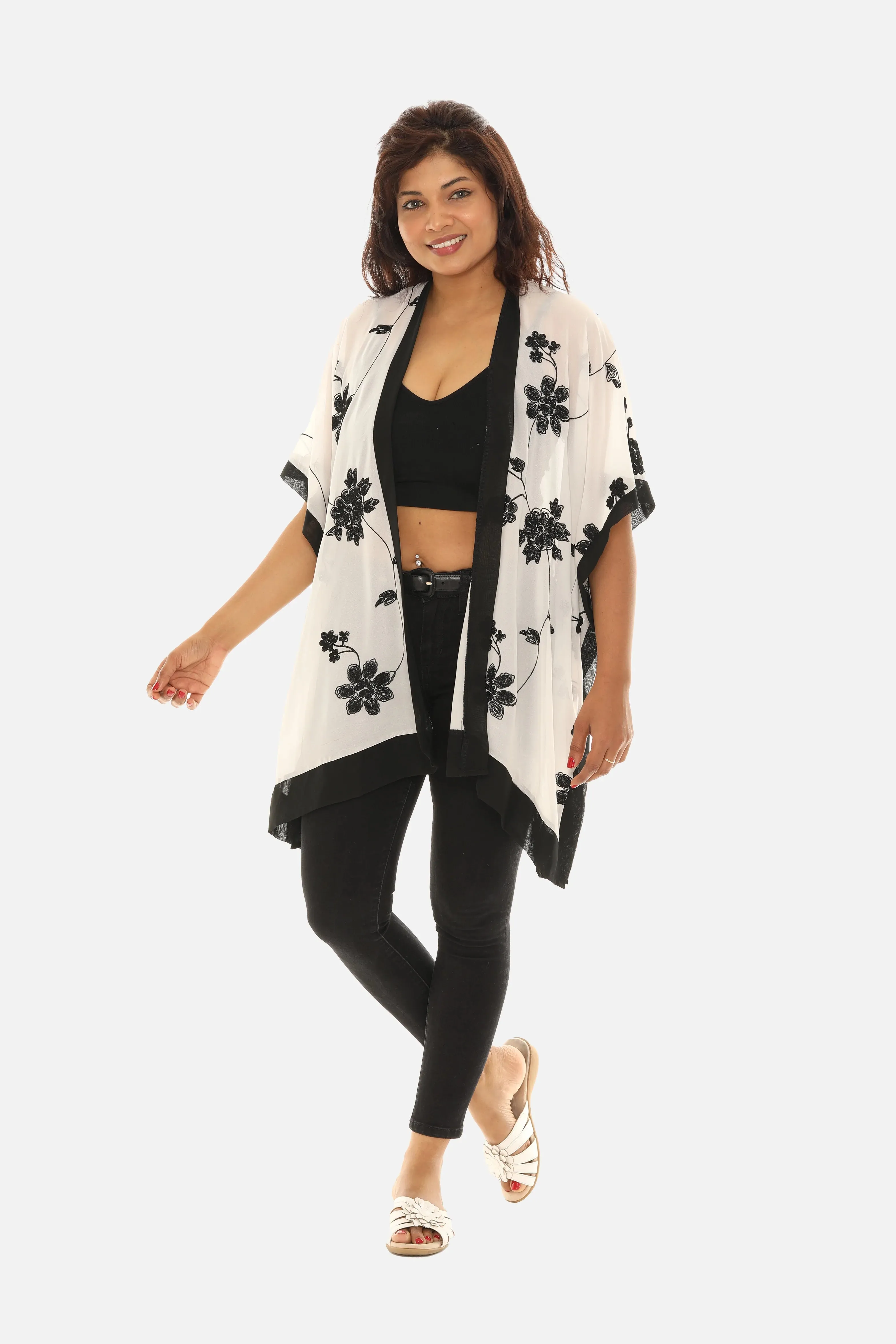 Sheer Floral Embroidered Poncho