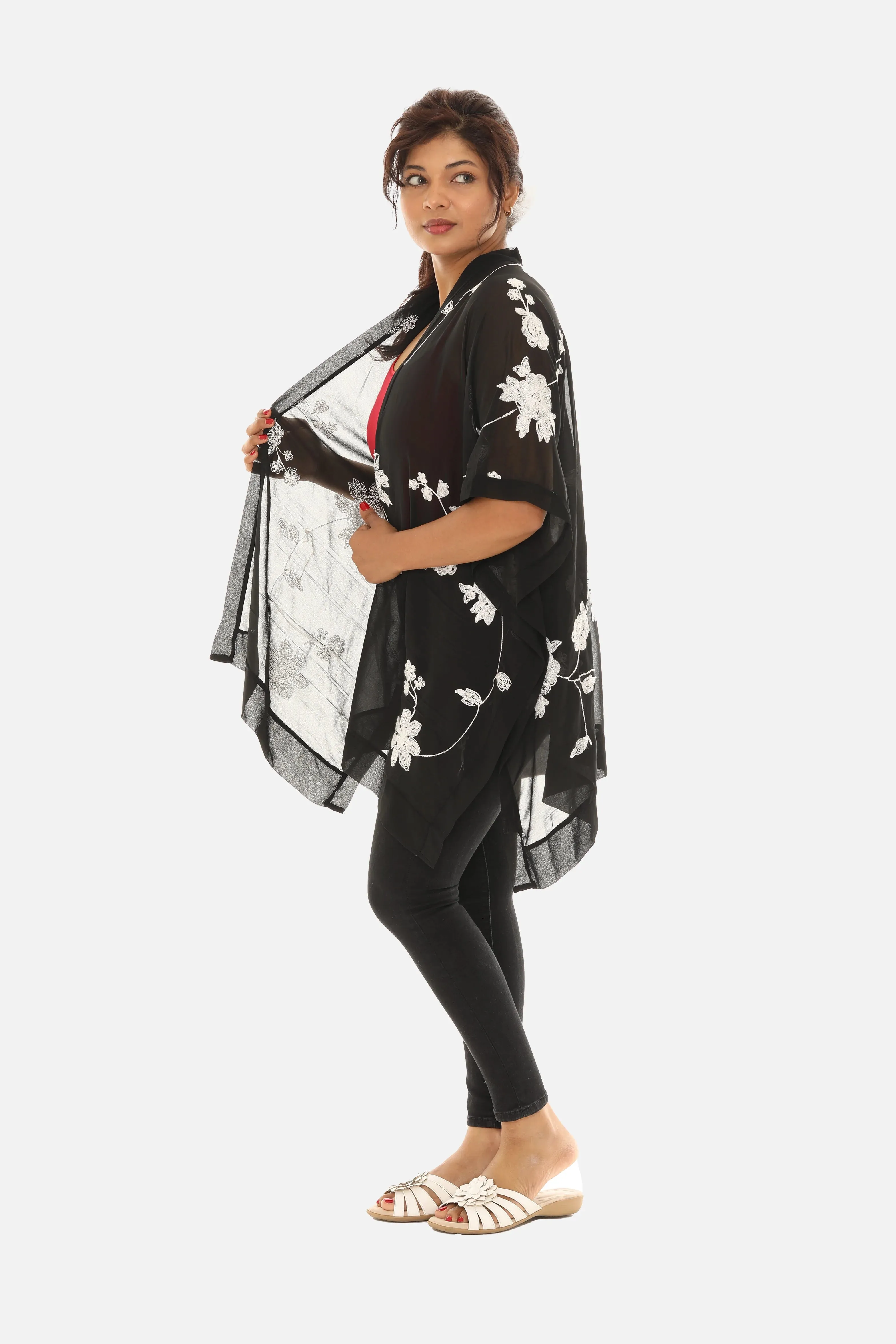 Sheer Floral Embroidered Poncho