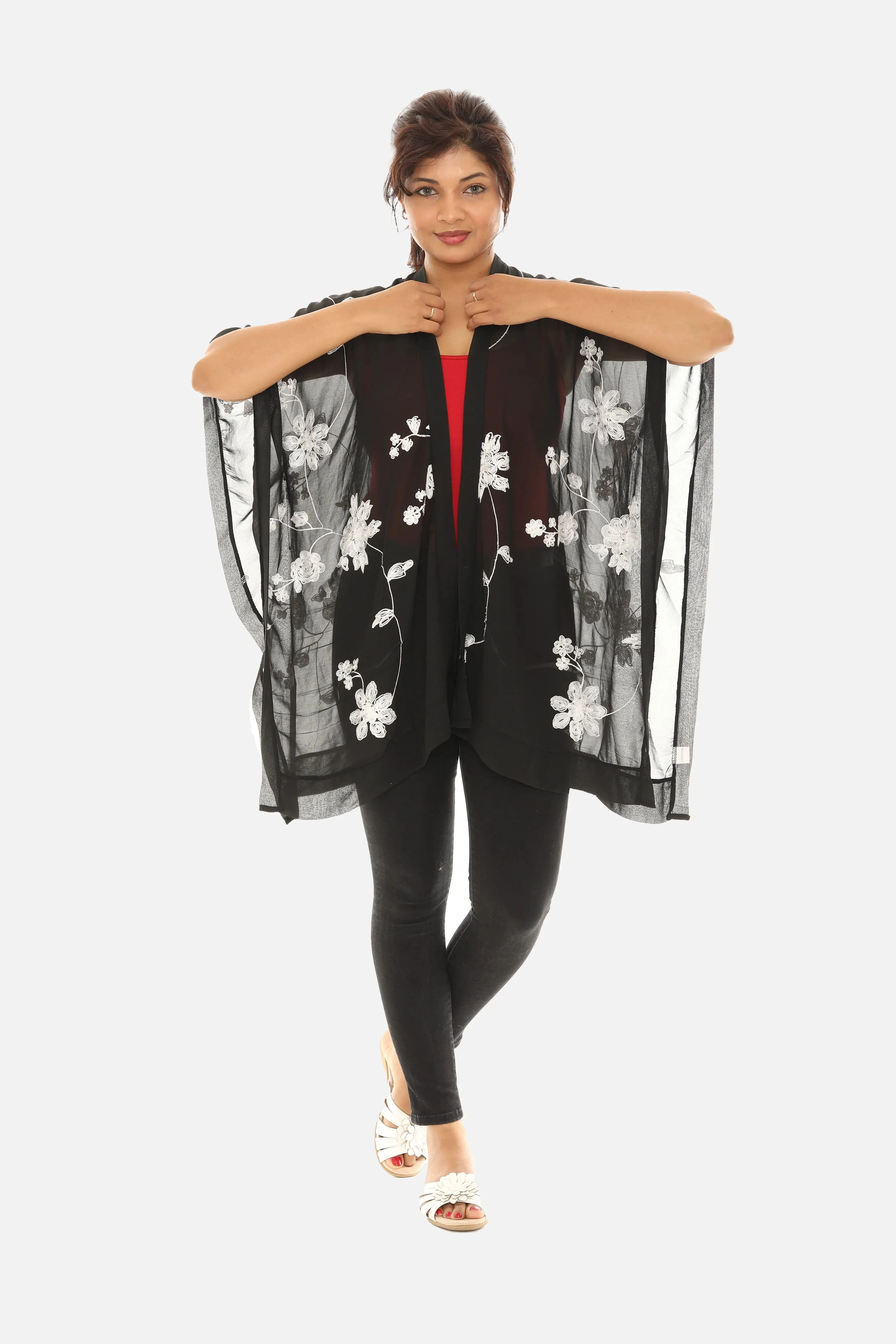 Sheer Floral Embroidered Poncho