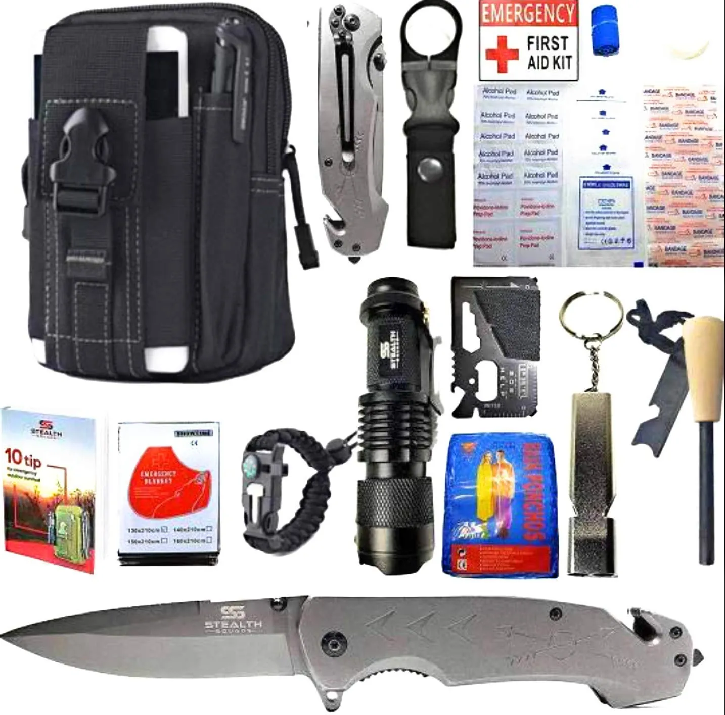 STEALTH SQUADS 42 in 1 Survival Military Pouch KIT, Premium Tactical Pocket Knife, First AID KIT, EDC Multi-Tool USE for Camping, Hiking, Biking, Outdoor Safety Gears w/Bonus E-Book (Black)