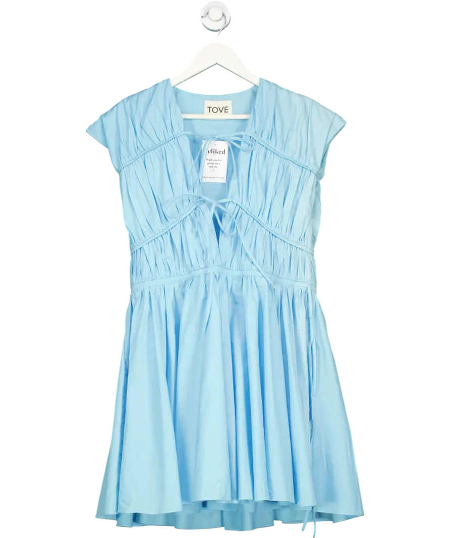 TOVE Blue Ceres Tie-detailed Cotton-poplin Mini Dress UK 6